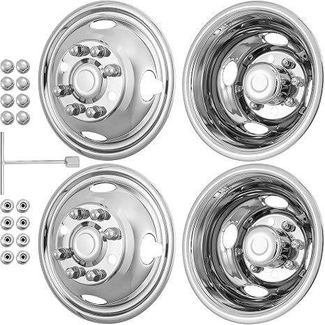 17" Wheel Simulators, 304 Polished Stainless Steel Simulator Kit, 2 Front and 2 Rear Wheel Covers, 8 Lug 4 Hand Hole, with Bolt Kit Fit for Ford F350 Trucks(2005-2021) (17IN)