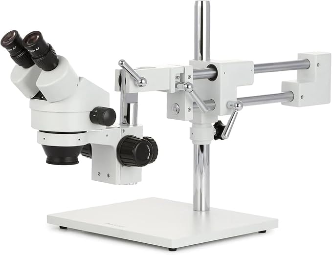 AmScope SM-4B Professional Binocular Stereo Zoom Microscope, WH10x | 7X-45X Magnification Range 76mm Stereo Microscope Holder Ring 360° Multi-Axis Head Rotation Double-Arm Boom Stand