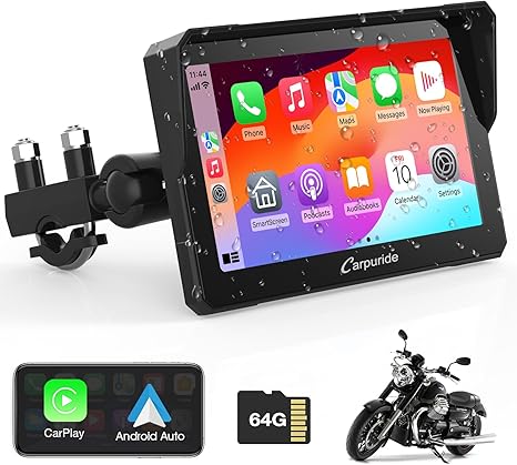 Carpuride W702 7" for Motorcycle Apple Carplay/Android Auto | GPS Navigation for Motorbike, Support Dual Bluetooth, Car GPS, Siri, Google Assistant, TF-64G