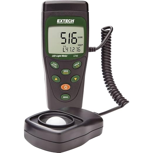 Extech LT45 Color LED Light Meter, Lux and Foot Candle, 400000 Lux | White and color LED (R/Y/G/B/purple), to 400000 lux, stores 99, coiled cable to 1.5m, 9V, hard case