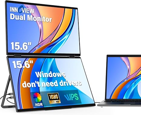 InnoView Portable Dual Monitor 15.6" 1920x1080 Dual Stacked Foldable Monitor | 315° Screen Adjustment | USB-C/HDMI Second Monitor for Laptop, Mac, Windows