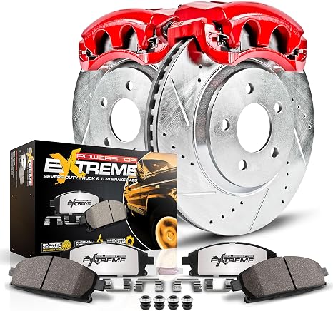 PowerStop Rear Brake & Caliper Kit for Lexus GX470 2003-09 | Toyota Sequoia 2001-07 - Drilled & Slotted Disc Rotors + Z36 Brake Pads + Red-Powder Coated Calipers, KC2405-36