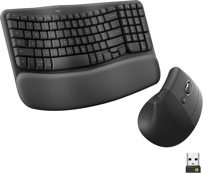 Logitech Wave Keys & Lift Vertical Mouse Ergonomic Wireless Combo, Graphite