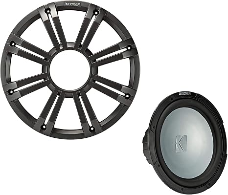 KICKER 45KMF104 10 in LED Marine Subwoofer Bundle | Charcoal 10 in LED marine subwoofer with 4-ohm impedance, free-air design and boat audio bass upgrade use.
