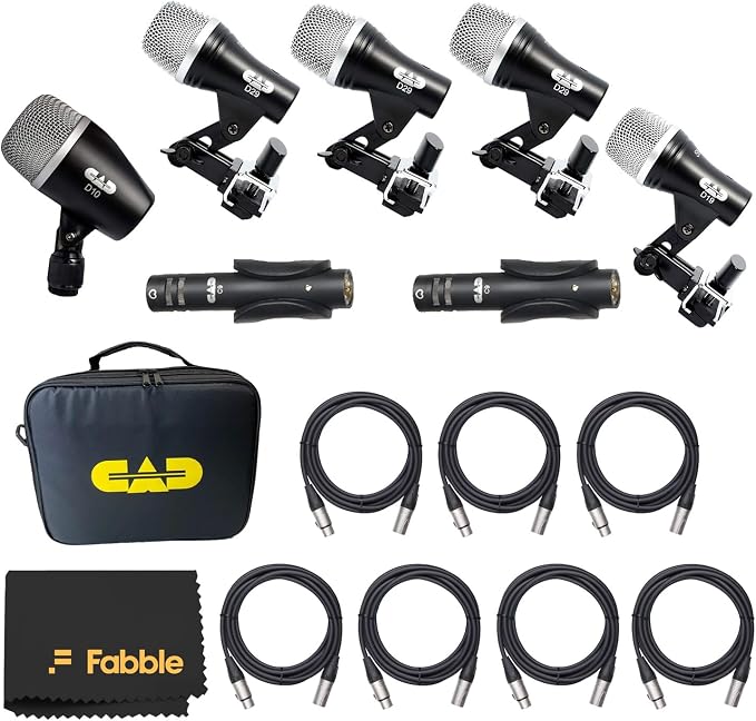 CAD Audio Stage7 7-Piece Drum Microphone Pack Bundle with 7× 10ft XLR Cables and Premium Microfiber Cleaning Cloth – Complete Drum Mic Kit for Live Sound and Studio Recording
