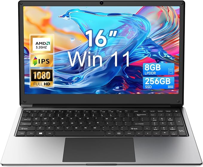 16 inch Laptop Computer,8GB RAM 256GB SSD Storage Laptop PC,with AMD A9 Processor(up to 3.2GHz),Win11,IPS FHD Display,Students & Work Notebook Computer, 9000mAh Battery, Cooling System
