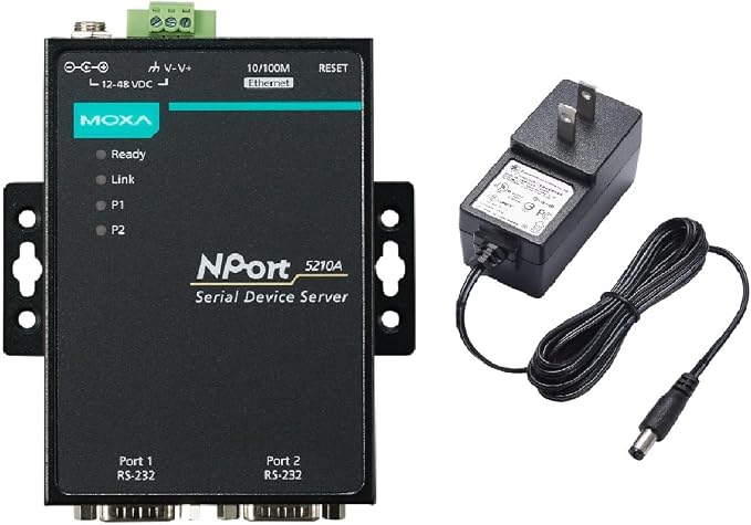 Moxa NPort 5210A with Adapter - 2-Port RS-232 Device Server, 0 to 60°C Operating Temperature