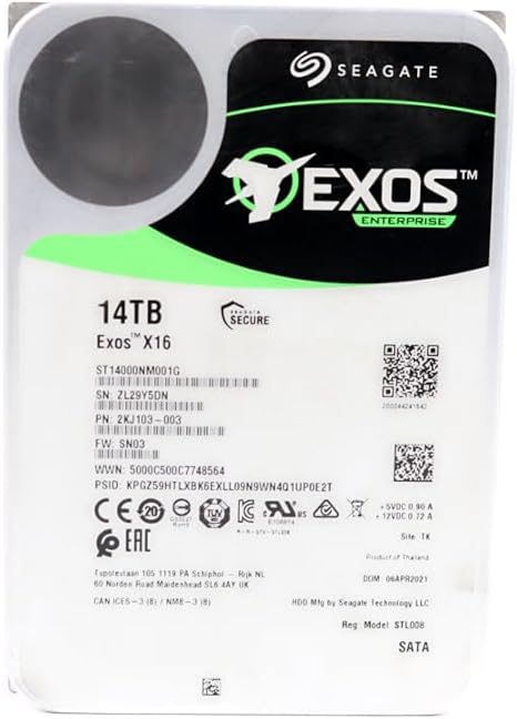Seagate (Renewed) Exos X16 14TB 7200 RPM SATA 6Gb/s 256MB Cache 3.5-Inch Internal Data Center HDD Enterprise Hard Drive (ST14000NM001G)