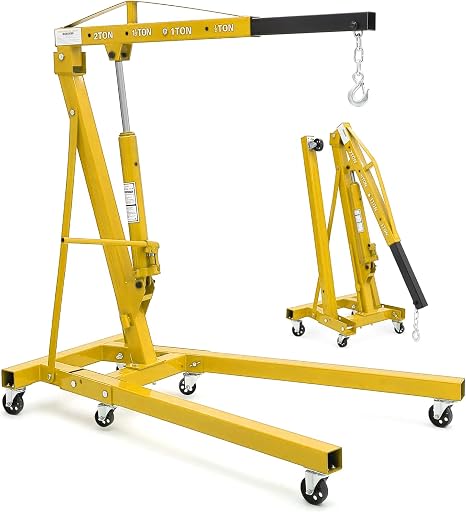 2 T Engine Hoist, 4000 LBS Heavy Duty Folding Cherry Picker Engine Lift Hydraulic Tilting Engine Shop Crane with 6 Iron Caster Wheels Telescopic Boom Hitch,Yellow