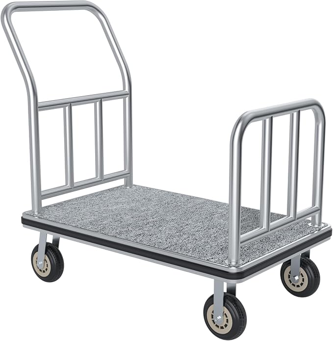 Hotel Luggage Cart, 1300LBS Bellman's Cart with 8" Wheels & Heavy Duty, Brushed Stainless Steel Luggage Trolley, Commercial Grade Hotel Luggage Trolley for Hotels, Resorts (Gray/42"x 25" x 38")