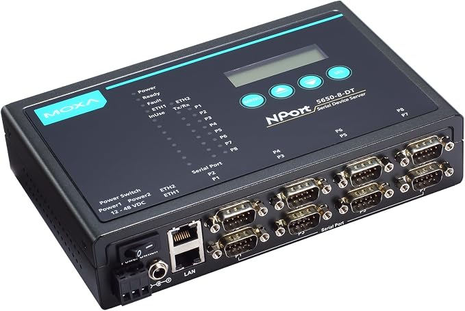 MOXA NPort 5650-8-DT 8-Serial Port Serial Device Server, 10/100 Ethernet, RS-232/422/485, DB-9M, 15KV ESD, 12-48VDC, 110V Power Supply