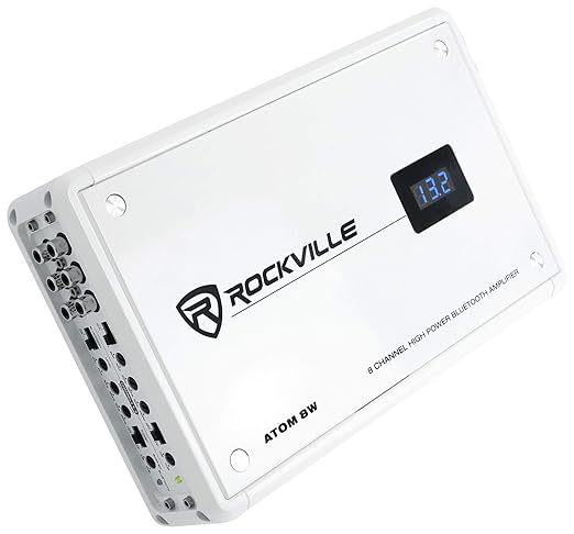 Rockville Atom 8W 3500W Peak 8-Channel Marine Amplifier 4 Ohm, Bluetooth, Marine-Grade Water-Resistant, Compact, for Boat and Marine Audio Systems | 3500W Peak, 880W RMS, Bluetooth, 4/6/8-Channel Configurable, Class D, Dual 50-250Hz Crossovers, RCA Line O