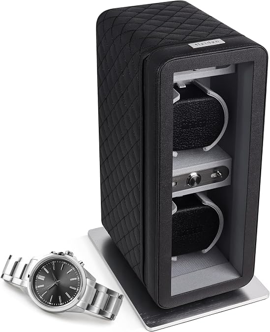 Heiden Monaco Double Watch Winder in Black Leather - Battery Powered or AC Adapter, 12 Program Settings, Diamond Stitched Vegan Leather, Soft Linen Interior, Large Interior Space for Large Watches