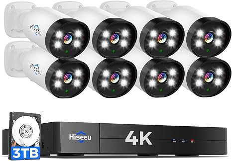 Hiseeu 4K Wired Security Camera System with 8PCS 8MP Cameras | Smart Color Night,Audio,3TB Hard Drive,AI Human/Vehicle Detection,Surveillance DVR Kit