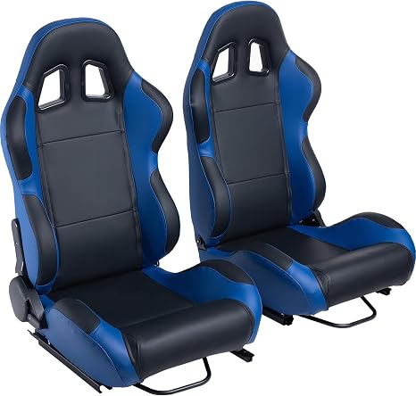Universal Racing Seats, Pair Black Blue PVC Leather Reclinable With Double Lock Slider Bucket Seats