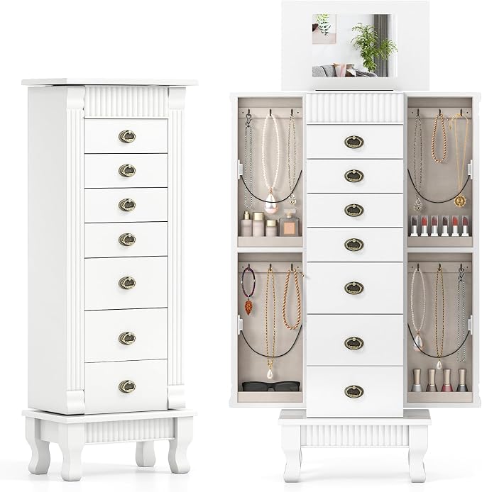 DREAMADE Jewelry Armoire, Standing Jewelry Box w/Mirror & 7 Drawers, White
