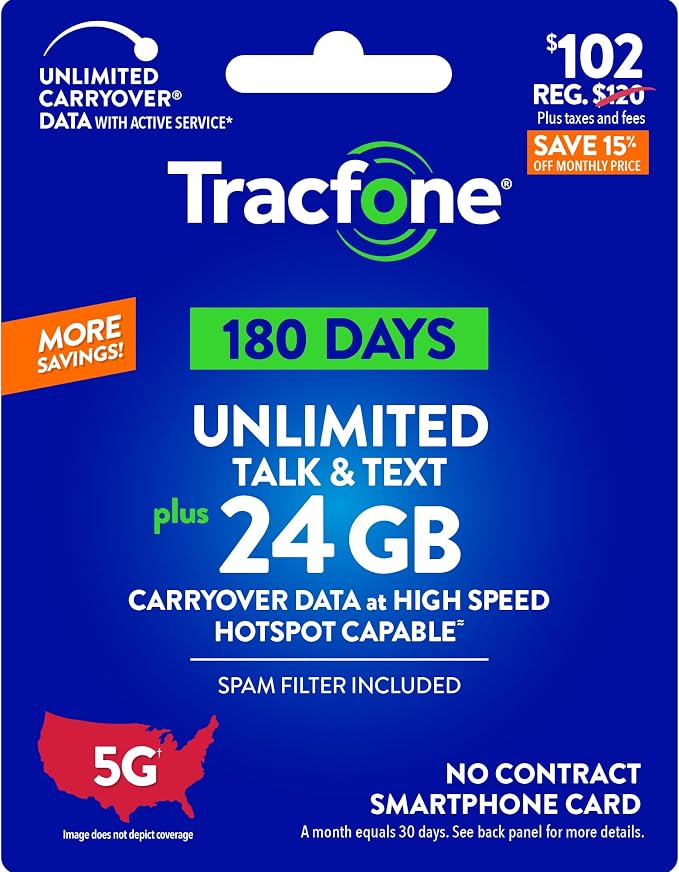 Tracfone $102 Unlimited Talk & Text, 24 GB of Data / 180 Days (Physical Card)