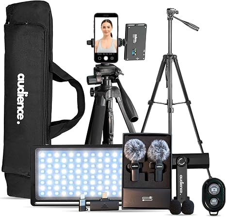 Audience Professional Creator Kit for iPhone & Android — Dual Wireless Mics, 72" Camera-Ready Tripod, LED Light, Remote & Case | Vlogging & Video Kit