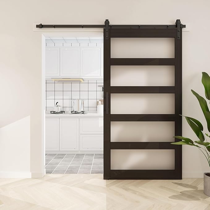 BARNSMITH 48in x 96in Glass Barn Door and 8FT Sliding Door Hardware Included, 5-Panel Frosted Glass Sliding Barn Door, Solid Wood Covered with Water-Proof PVC Surface, Easy Assembly, Brown