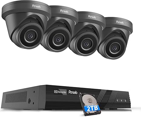 4 Camera Security System 8 Channel PoE with 2TB HDD, PD93A30408-5M | 4X 5-Megapixel Wired IP Turret Cameras Outdoor, Human Vehicle Detection, Built-in Mic, Remote Access, 4K NVR 24-7 Recording