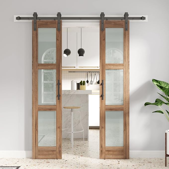 Double 18 x 84 inch Barn Doors 3-Panel Frosted Glass,Brown Door | Fit for 32in-34in Opening,6.6FT Hardware Kit & Handle LVL l,Water-Proof Surface,Pre-Drilled Holes,Need Assembly,for Bathroom