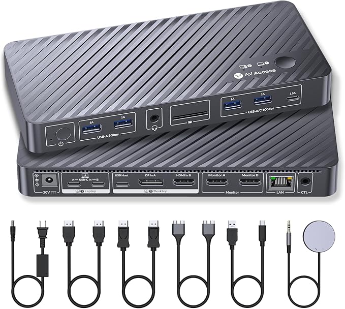 AV Access KVM Switch Docking Station for MacBook Desktop PC, Dual 4K HDMI | KVM Switch 2 Monitors 2 Computers, 100W Power Delivery, Ethernet, EDID Emulation, Plug & Play