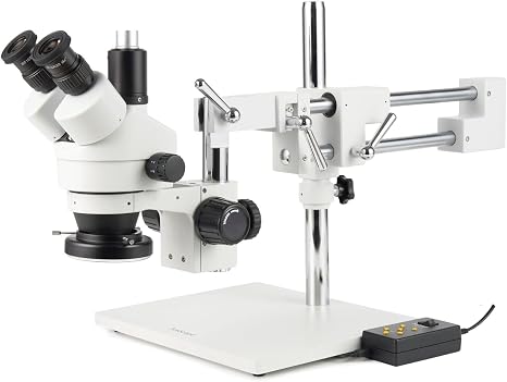 AmScope SM-4TZ-144A Professional Trinocular Stereo Zoom Microscope, WH10x | 3.5X-90X Magnification Range 76mm Stereo Microscope Holder Ring 360° Multi-Axis Head Rotation Includes 0.5X Barlow