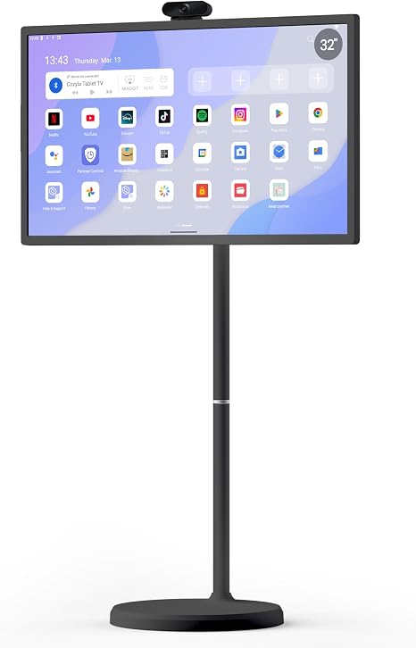 Cozyla Tablet TV: 32" Smart Portable TV on Wheels with Google Play Store | 1080P Touch Screen Monitor with 4K Camera, Full Swivel Rolling Stand for Home & Office, Wireless Casting, Built-in Battery