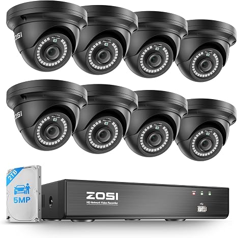 ZOSI 8 Channel 4K NVR with 8 x 5MP PoE Dome Security Camera System, 2TB HDD | AI Human/Vehicle Detection, Instant Alerts, 80ft Night Vision, Outdoor Indoor, 24/7 Record, 16CH Expandable, Remote Access
