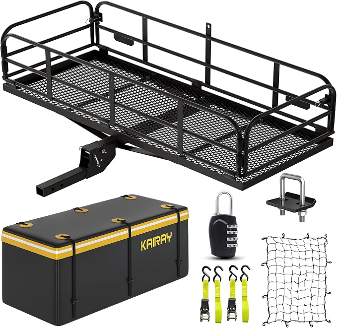 KAIRAY 500 Lbs Heavy Duty Hitch Mount Cargo Carrier 60"x24"x14.4" Folding Rear Luggage Rack Basket Fits 2" Receiver for Car SUV Camping Traveling with Stablizer Waterproof Bag Net Ratchet Straps Lock