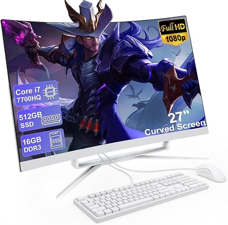 27 inch All-in-One Desktop Computer, Curved FHD Display All-in-One Computer 16GB DDR 512GB ROM SSD Core i7 7700HQ Bluetooth 5.0 Dual Band WiFi with Mouse and Wired Keyboard
