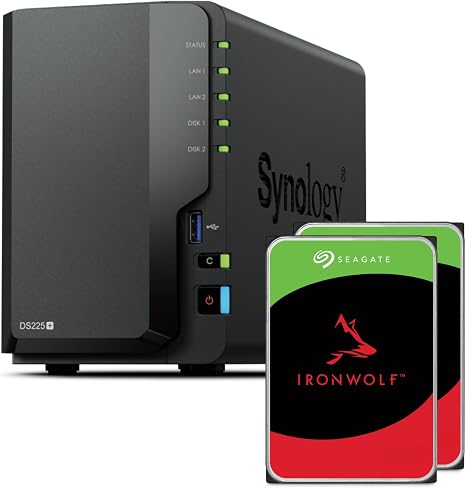 Synology DS225+ 2-Bay Diskstation NAS (Intel Celeron J4125 Quad-Core, 2 GB Non-ECC DDR4 SODIMM 1 x 2,5 GbE und 1 x 1 GbE RJ-45 LAN-Port) 8TB Bundle with 2X 4TB Seagate Ironwolf