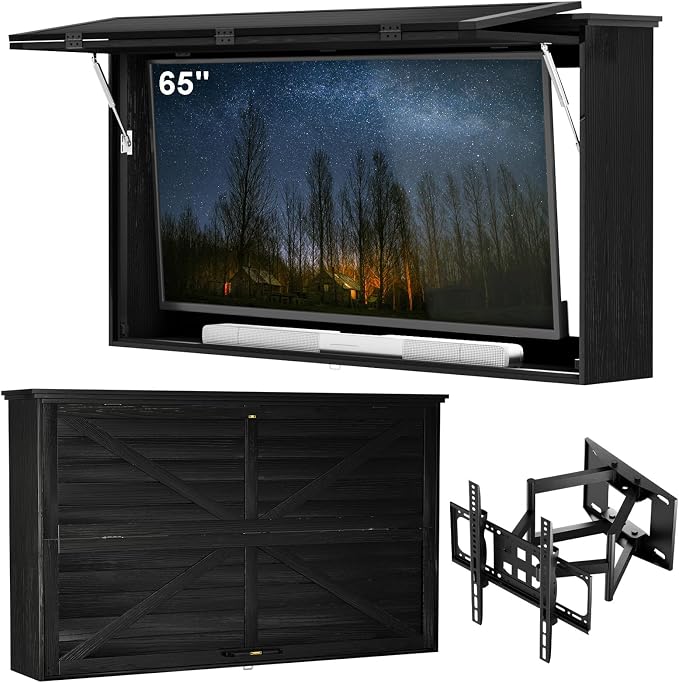 GDLF Outdoor TV Enclosure for 60-65 Inch TVs with Dual-Arm Mount | Solid wood construction, black finish, and a fold-up front suit covered patios, decks, and sheltered entertainment areas