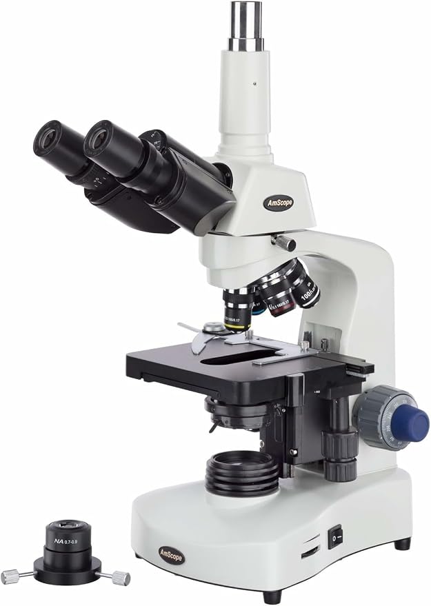 AmScope T340B-DK-LED Siedentopf Trinocular Compound Microscope, 2000X | 40X-2000X Magnification Range Compound Biological Microscope Mechanical Stage Built-In LED Illumination Siedentopf