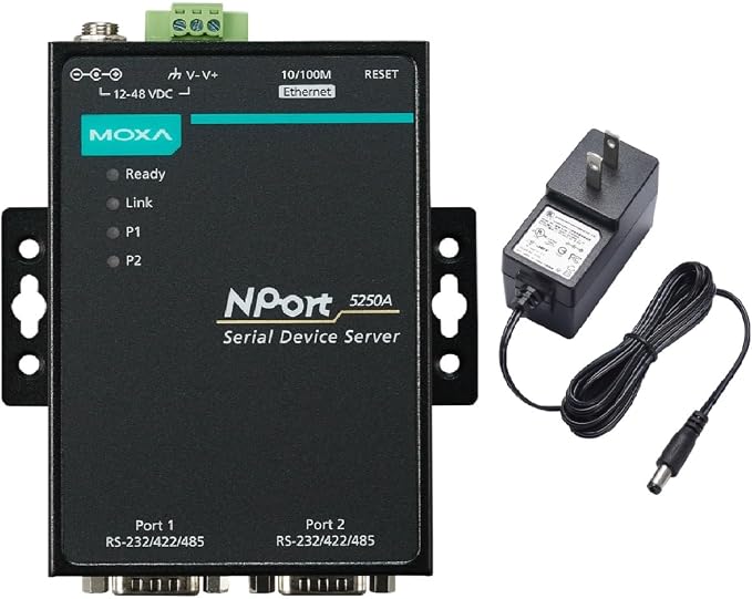Moxa NPort 5250A with Adapter -2-Port Device Server, US Plug,10/100M Ethernet,3 in 1,RS-232/422/485, DB9 Male,12-48VDC