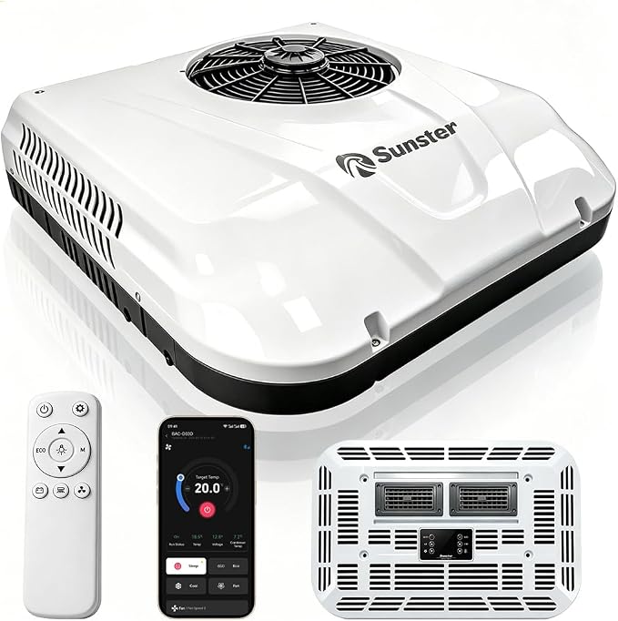 12000BTU 12V RV Air Conditioner, RV AC Unit with Bluetooth APP Control & LED Light, Rapid Cooling, Low Power Draw Quiet 12 Volt AC for Camper Truck Van, Rooftop Mount No Inverter Needed