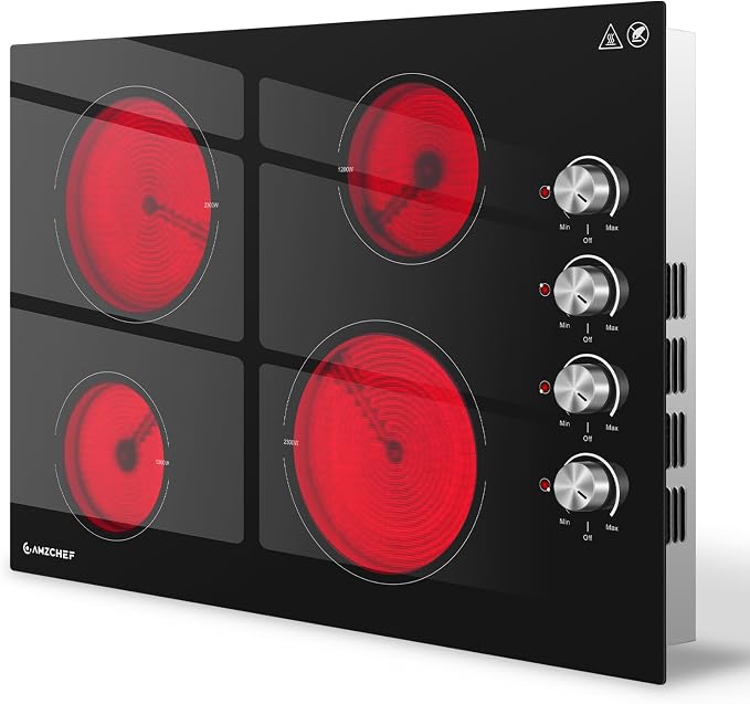 AMZCHEF 30" Built-in Electric Cooktop, 4 Burners, 7000W, 240V, Knob Control