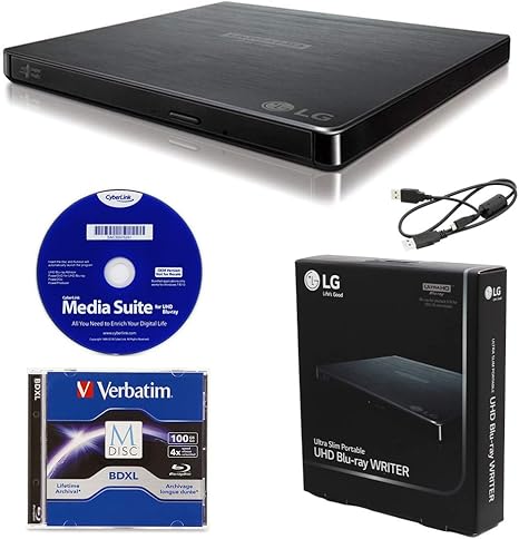 LG BP60NB10 Portable 6X Ultra HD 4K Blu-ray Burner External Drive with CyberLink Software, 100GB M-DISC BDXL, and USB Cable - Burns CD DVD BD DL BDXL Discs