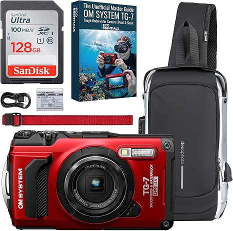 OM SYSTEM Olympus Tough TG-7 12MP 4K 2160p Underwater Digital Camera Red V110030RU000 Bundle with Sling Backpack, Sandisk Ultra SDHC Memory Card 128GB and Deco Gear Unofficial Master Guide