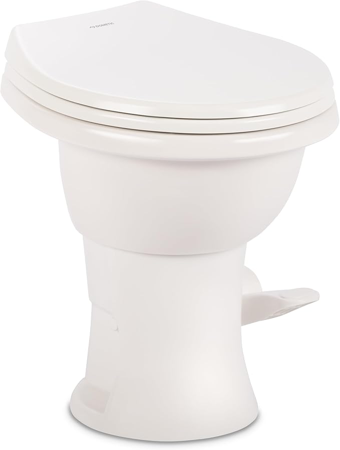 Dometic Model 410 Complete RV Toilet – Round Porcelain Bowl, Universal Fit & 2-Bolt Mount, 18" Chair Height Residential-Style, Gravity Flush Toilet with Soft-Close Seat, White (9610008259)