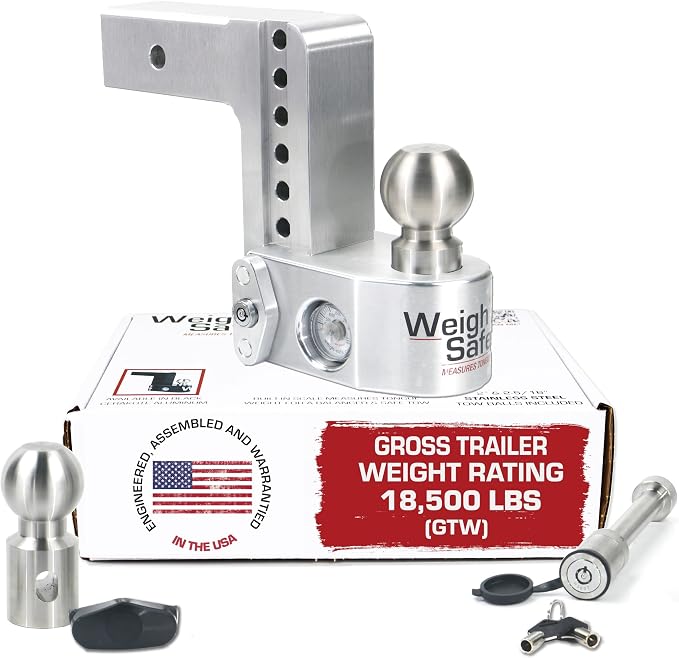 Weigh Safe Adjustable Trailer Hitch Ball Mount - 6" Drop Hitch for 2.5" Receiver w/ 2 pc Keyed Alike Lock Set, Premium Aluminum Trailer Tow Hitch w/ Built in Weight Scale for Anti Sway, 18,500 lbs GTW