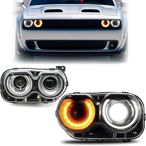 Pair Halogen Headlight Left & Right Clear Lens Headlamp Assembly Compatible with 2015-2020 Dodge Challenger Replaces 68174064AF / 68174065AF