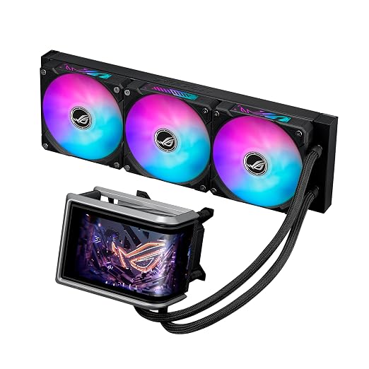 ASUS ROG RYUO IV 360 ARGB with movable curved 6.67-inch AMOLED display that supports 3D-effect video or customizable system stats, plus Asetek Emma Gen8 V2 pump and pre-mounted daisy-chained ARGB fans