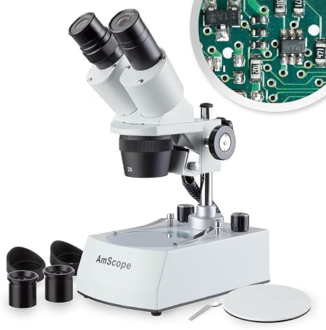 AmScope SE306R-PZ-LED Forward-Mounted Binocular Stereo Microscope, WF10x | 2X & 4X Magnification DIN Standard RMS 20.32mm Thread 160mm Finite Tube Length Compatible Numerical Aperture 0.10