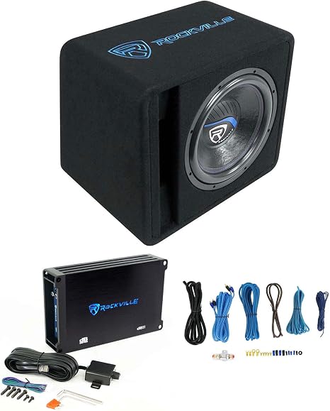 Rockville SK512 Package 12" 1400w K5 Car Subwoofer Enclosure, DB11 Amp, 8Ga Wiring Kit, Vented Loaded Sub and Mono Amplifier with Bass Knob