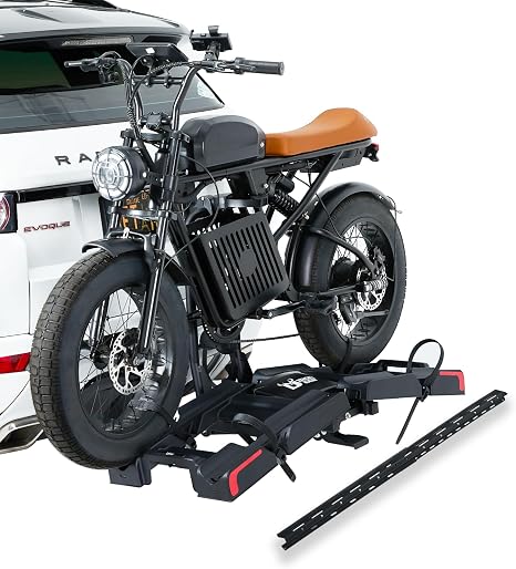 Ebike Rack with Ramp for 2 E-Bikes 200 lbs Capacity Fits 5" Fat Tire, Hitch Bike Rack for Cars SUVs Trucks with 2" Receiver, Foldable Tilting Locking No Assembly Needed E-Bike Platform Carrier