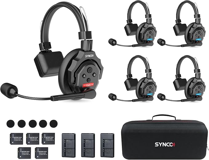 SYNCO XTALK X5 Wireless Intercom Headset System, Comms Headset for 5 Person | Communication Headsets for Theatre Event Stage Filming, 2.4GHz Full Duplex Intercom Headset, 1148ft Range, 24H Working Time