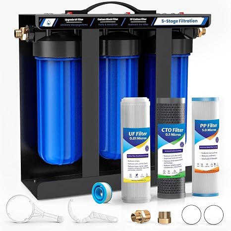 RV Water Filter System,5-Stage Water Filtration for Rvs and Campers, 0.01 Micron Filters Out Sediments, Chlorine, Vocs, Heavy Metals, Odors for Travel Trailers, Boats, 1" Inlet/Outlet