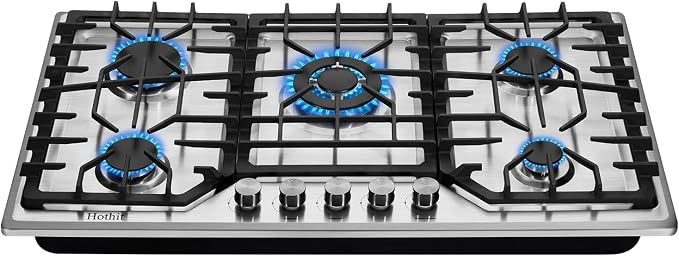 Hothit 5 Burner 36 inch Gas Cooktop, LPG/NG Dual Fuel Built-in Electronic Ignition Propane Stove Top with Pressure Regulator, Stainless Steel Gas Hob for Kitchen, Apartment, Outdoor(AHT36IN10S-SD)