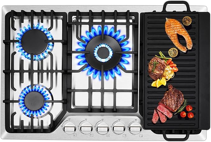 30 Inch Built-In Gas Cooktop with Griddle, 5 Italy SABAF Powerful Burners Over 92% High Efficiency, Max 48300BTU Gas Stove Top, 304 Stainless Steel Panel, NG/LPG Convertible, CSA Certified